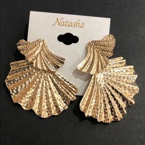 Natasha Couture hammered gold tone Shell fan disc shaped double stacked earrings